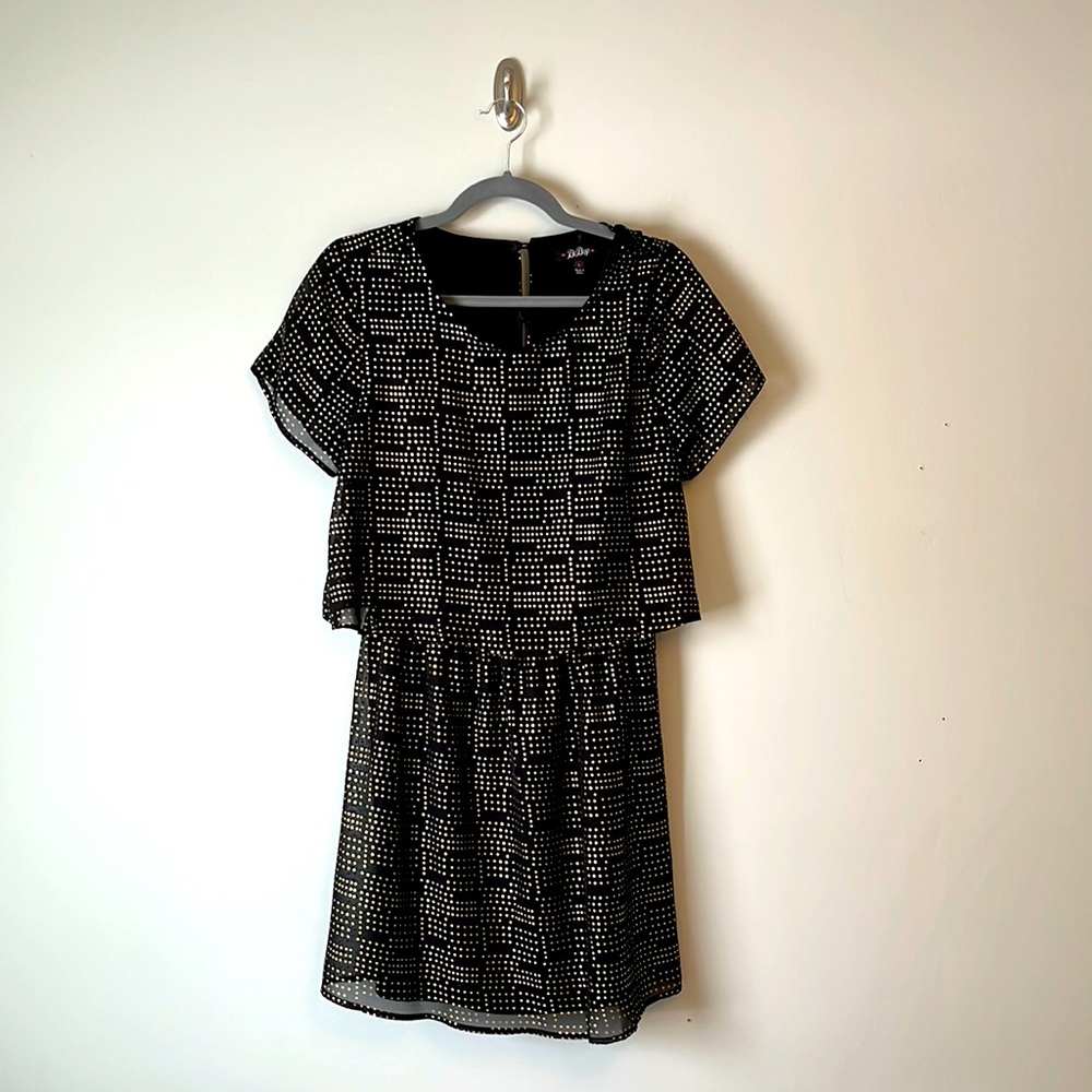 Black mini party dress with gold dot pattern